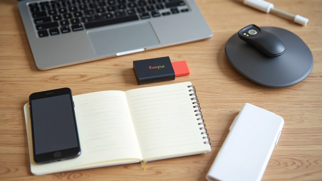 Diferentes métodos de almacenamiento seguro: libreta, laptop, teléfono y memoria USB organizados sobre escritorio de madera