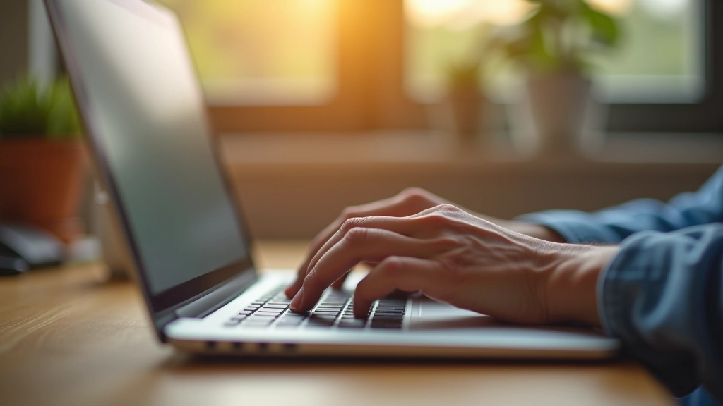 Mano escribiendo en un teclado de computadora portátil en una oficina clara y moderna