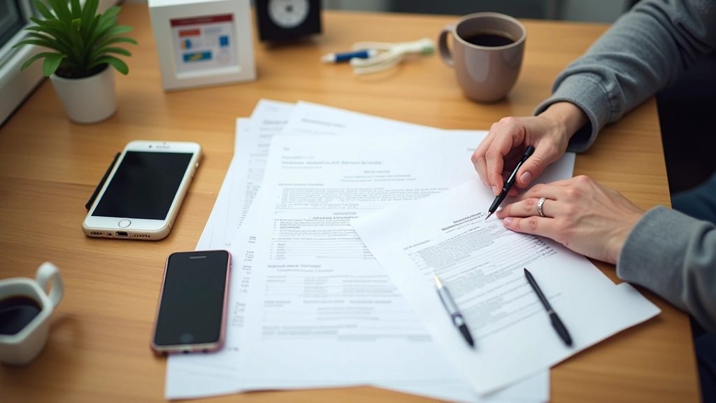 Escritorio ordenado con documentos importantes, teléfono y una taza de café