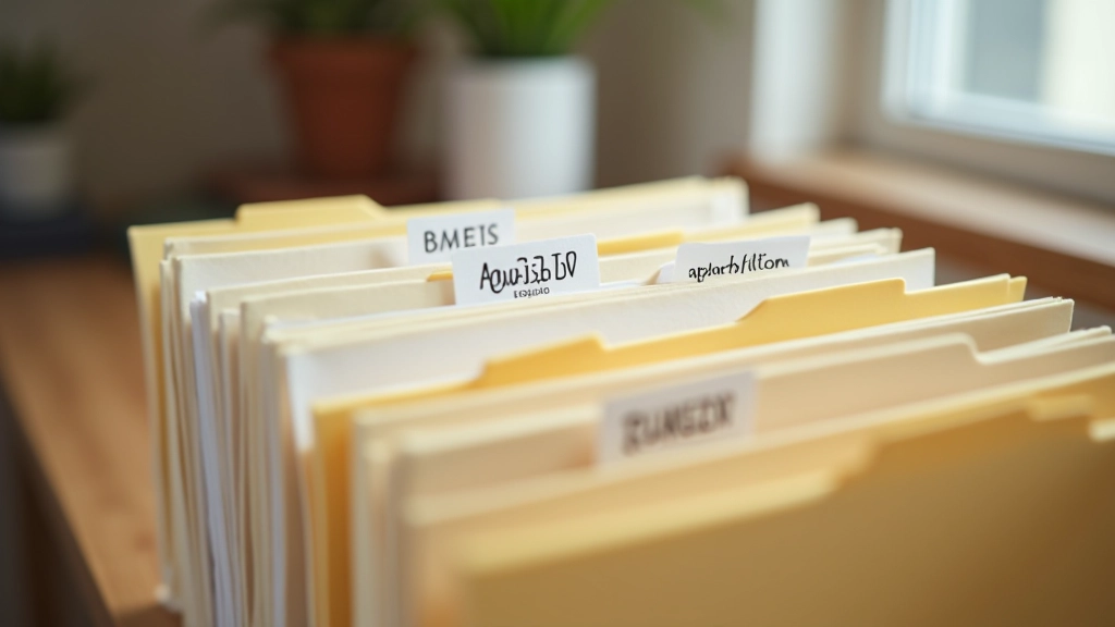 Documentos importantes como DNI, pasaporte y documentos bancarios organizados en carpeta de archivo con sistema de clasificación claro