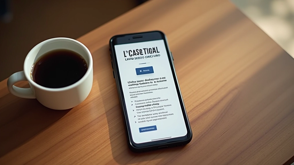 Teléfono móvil mostrando un sitio web falso junto a una taza de café, vista desde arriba, luz natural